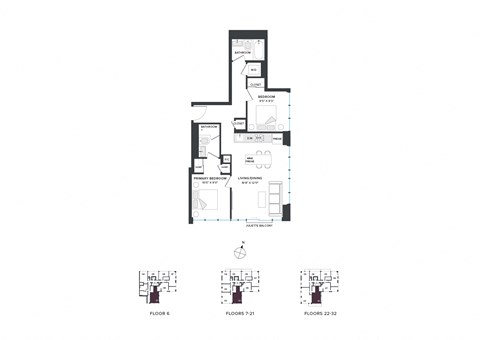 Floor plan for 2 beds, 2 baths, 799 sqft